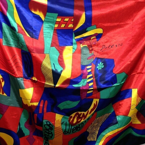 3 for $20 Beautiful Silky Graphic Scarf 35" Picasso Red Blue - Picture 3 of 5